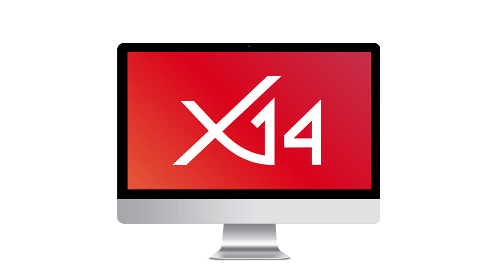 Animated gif eines Monitors mit dem weißen x14-Logo auf rotem Hintergrund. Nach und nach erscheinen verschiedene Produkticons in unterschiedlichen Farben und Größen und ein blauer Button mit dem Text "Jetzt updaten!"